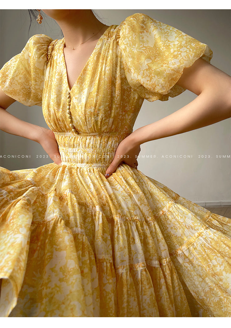 Aconiconi Elegant Yellow V-NeckPuff Sleeve Vacation Dress- Manshan