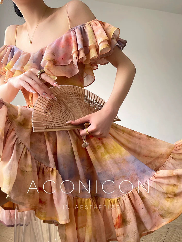 Aconiconi Elegant Oil Painting Square Collar Ruffle cocktail Dress- Floating Light Painting Summer