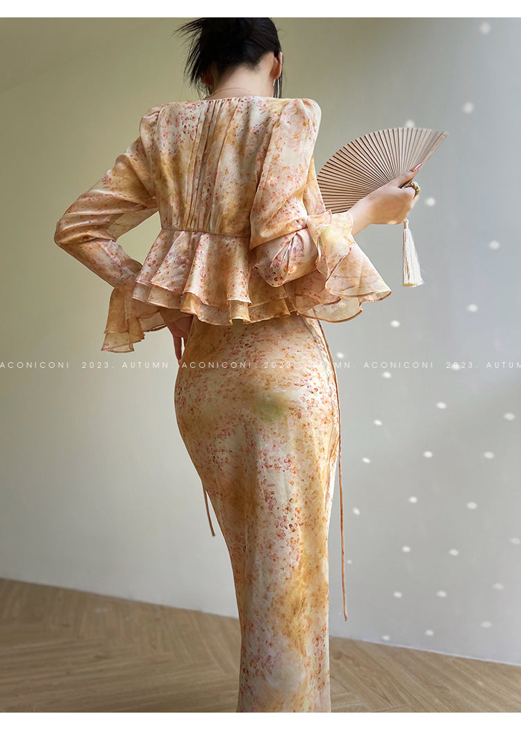 Aconiconi| French elegant print slip dress + top short cardigan-Tsubakino Hanazaki