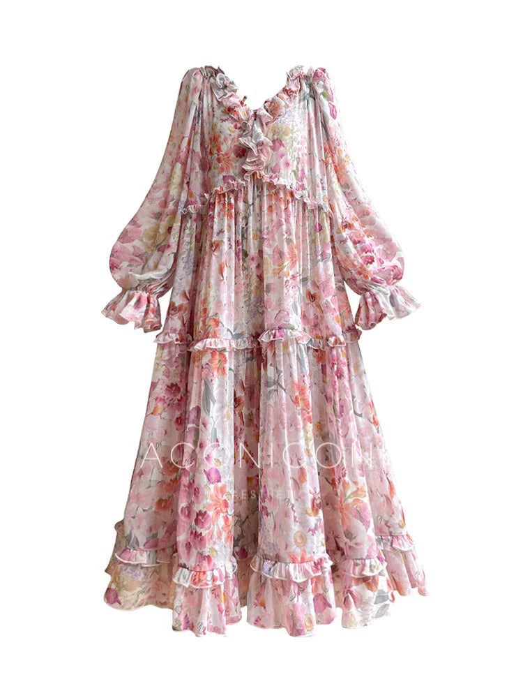 Aconiconi Elegant Floral french Print V-Neck Long Puff Sleeve Loose Waist vacation Dress - Flowery Love