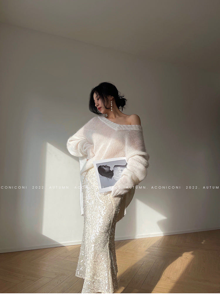 Aconiconi Luxury  Sequin Mermaid White/Black Long Skirt- Mermaid's Tears