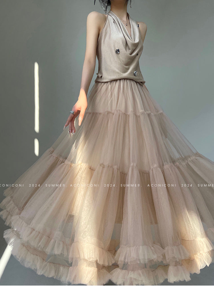 Aconiconi Elegant High Waist Ruffle Mesh Princess Long midi layered Skirt- Quiet Shadow Quicksand