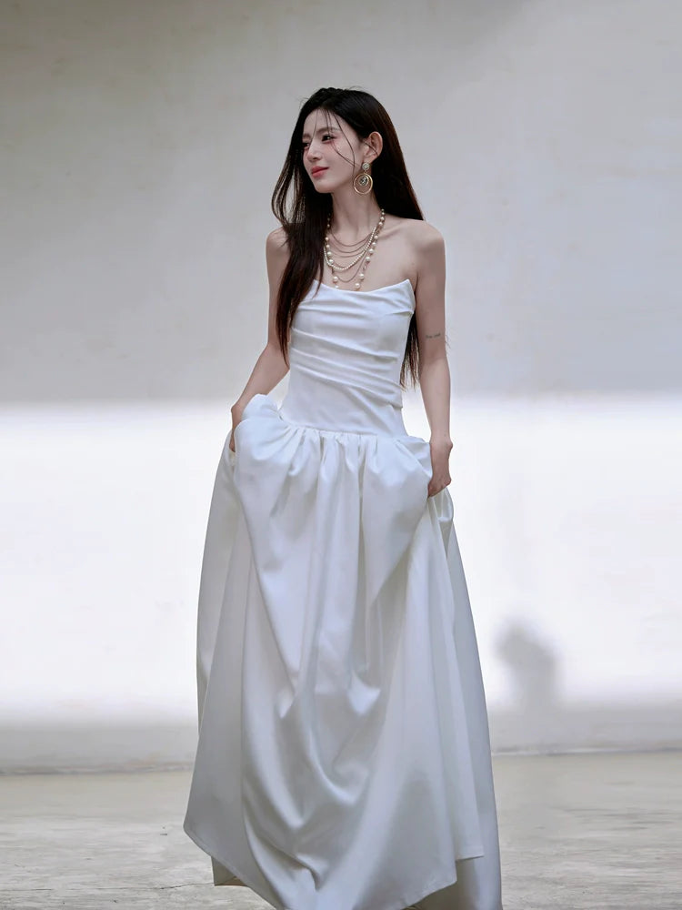 DOLLY Luxury White Satin Retro Bandeau Long Wedding Dress-NONYE