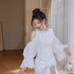 DOLLY Elegant White Retro Style Crew Neck Bubble Sleeves Long Slit Dress-RAIN