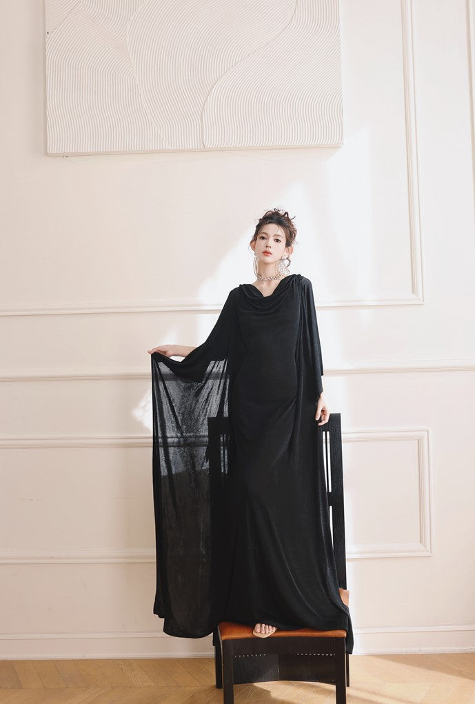 DOLLY Elegant Black Swing Collar Sleeveless Open Back Drape Dress-Kaka (V)