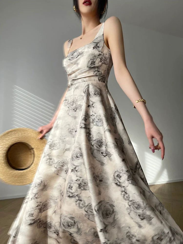 Aconiconi  Elegant Sleeveless Floral Print Long swing Dress- Garden of Thorns