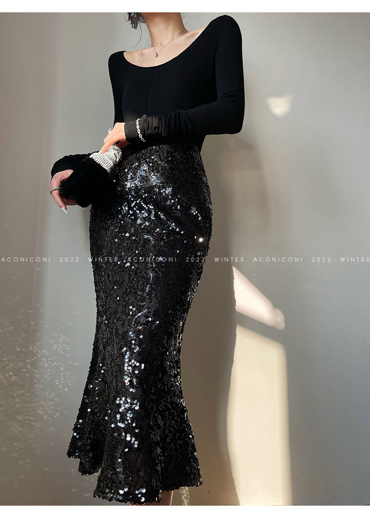 Aconiconi Luxury  Sequin Mermaid White/Black Long Skirt- Mermaid's Tears