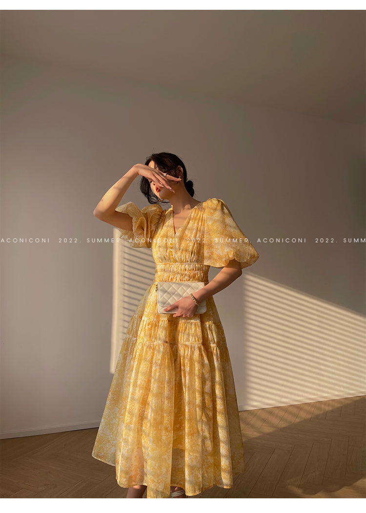 Aconiconi Elegant Yellow V-NeckPuff Sleeve Vacation Dress- Manshan