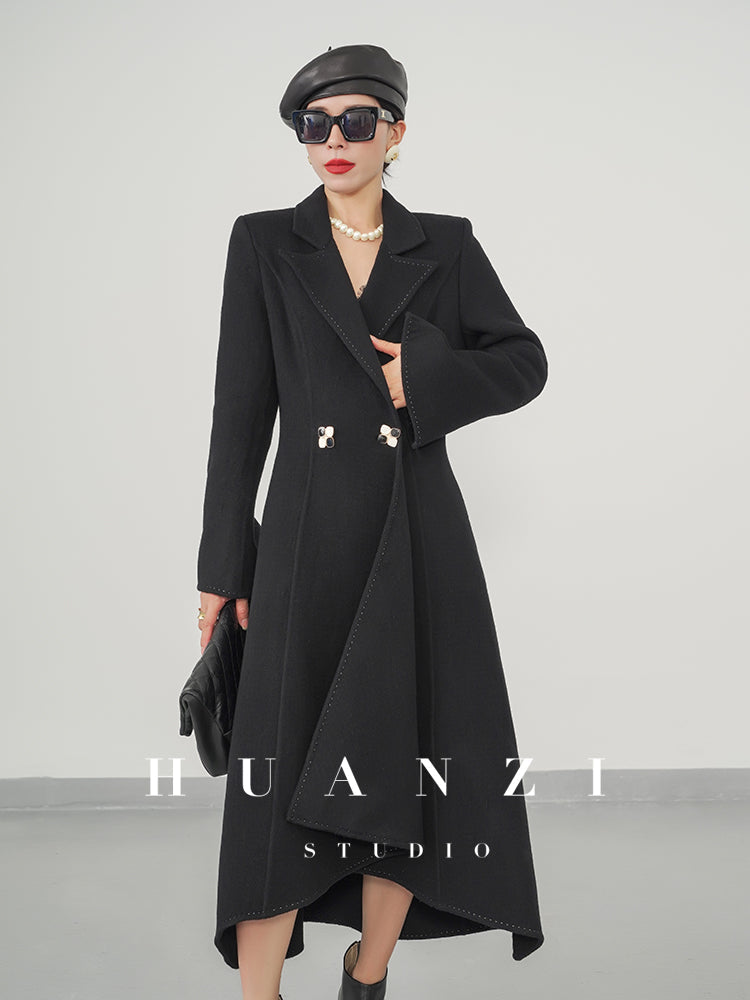 Huanzi double-sided cashmere women's black wool autumn winter coat - Muinw