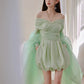 DOLLY High End Green ombre Off Shoulder Puff Sleeves Pleated Tutu Dress- Tulip