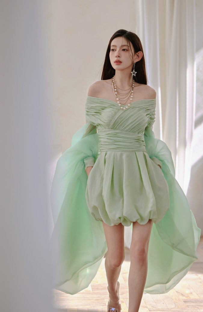 DOLLY High End Green ombre Off Shoulder Puff Sleeves Pleated Tutu Dress- Tulip