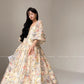 Aconiconi Elegant French Flower Print Puff Sleeve Loose Resort Dress-  Huatian Pear Cloud