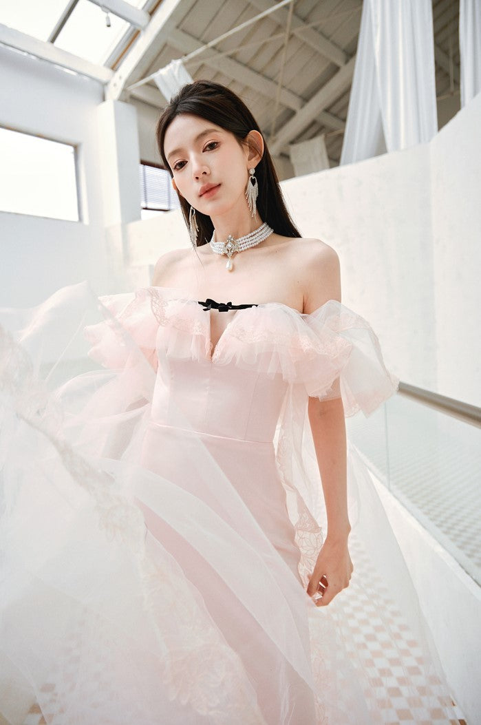 DOLLY Elegant Pastel pink Ruffle Sleeves Long Party Dress- Mina