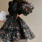 Aconiconi Elegant French Print Retro V-Neck Lace Tea Dress- Night Rose