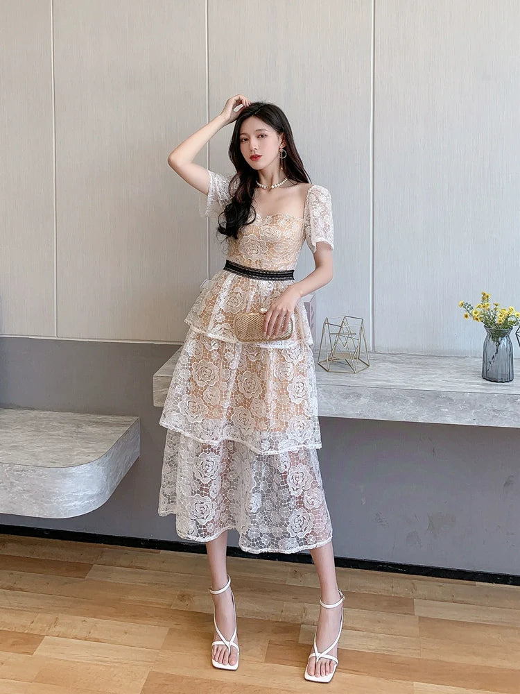 DOLLY Luxury French Style Square Collar Short Puff Sleeves Long Lace Cake Dress-POKIE