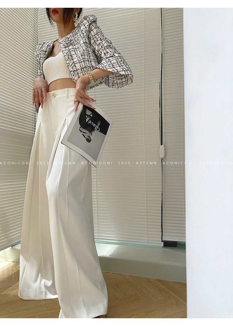 Aconiconi Eleant White Waist Loose Long Straight Suit Dinner Pants- Cloud Steps