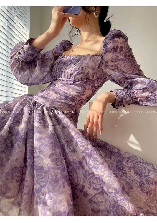 Aconiconi Square Collar Long Sleeve Tea Dress- Amethyst Water