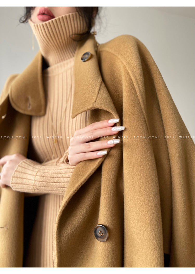 Aconiconi Autumn purple tan double-sided heavy wool cloak jacket long coat - Maple