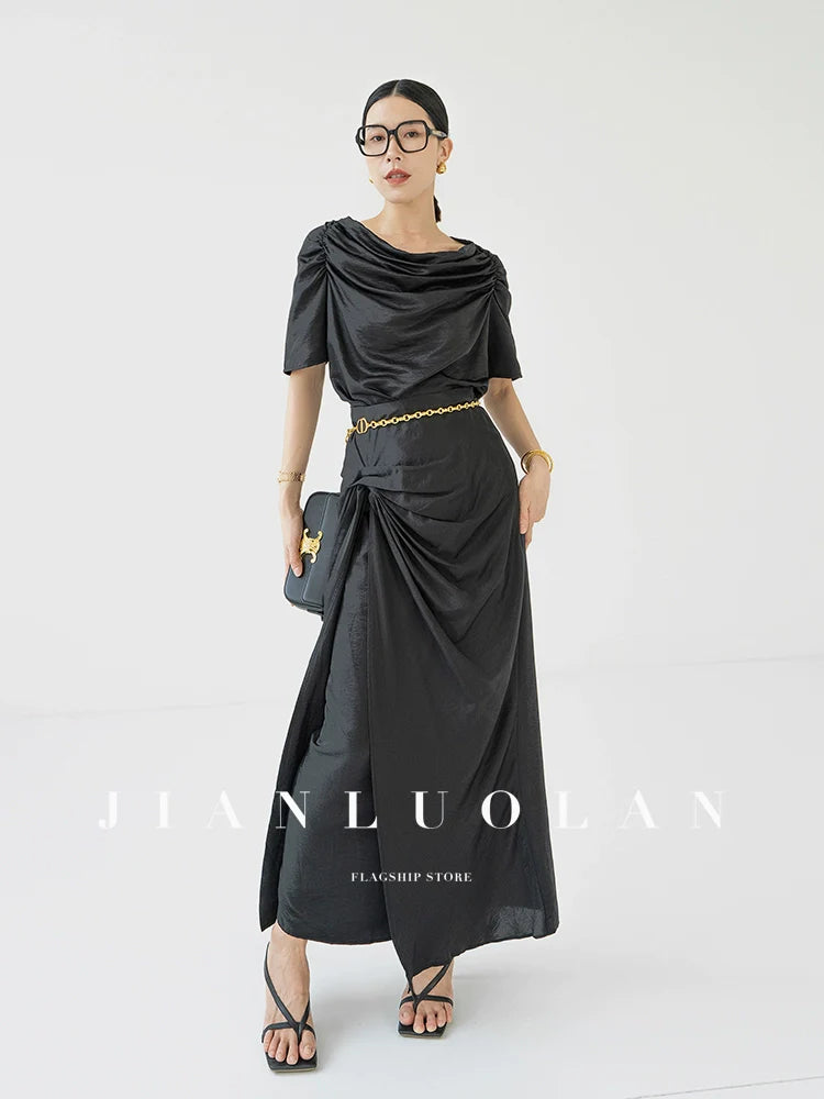 Huanzi custom pleated short-sleeved top + high-waisted heavy kneaded pleated shape split skirt suit