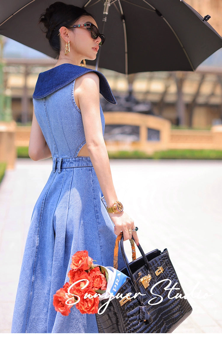 Elegant denim large lapel collar, cut-out waist summer slit long jean denim dress