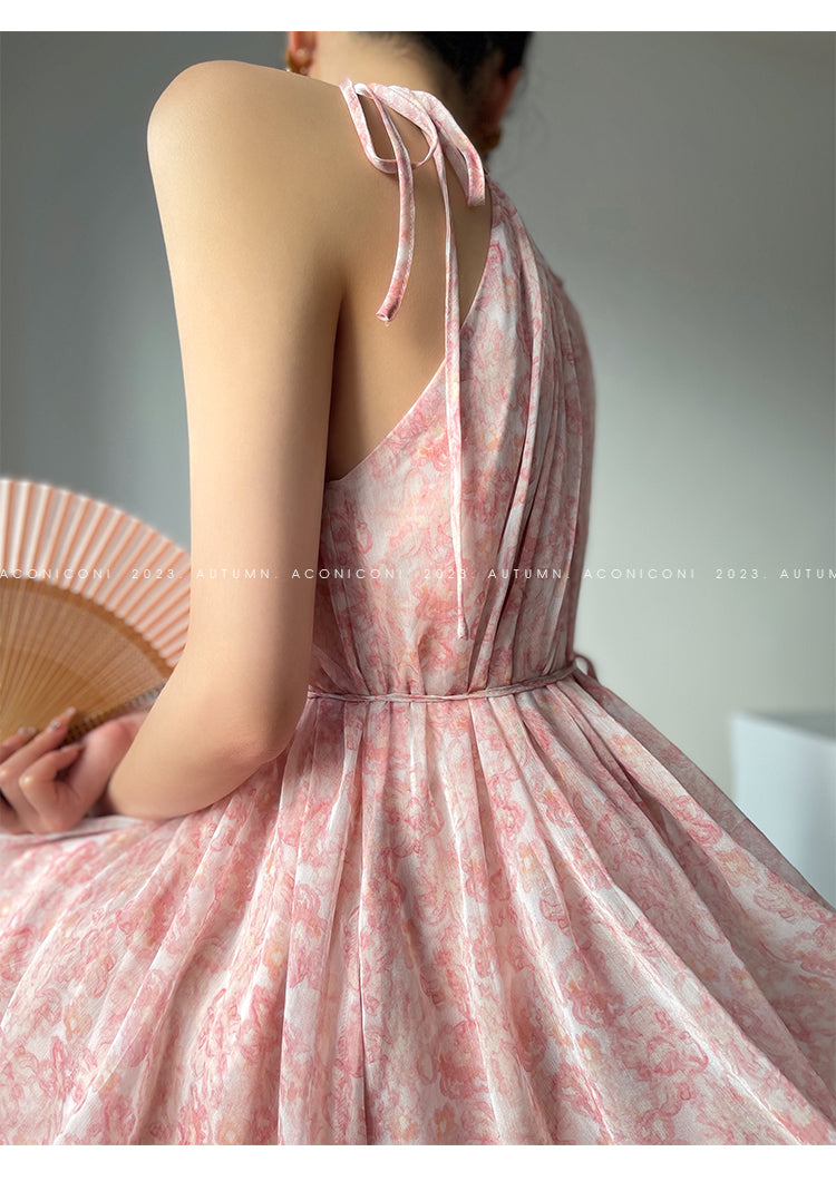 Aconiconi| halter-neck summer broken flowers vacation holiday style fairy dress - cherry blossom
