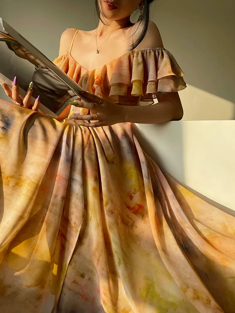 Aconiconi Elegant Oil Painting Square Collar Ruffle cocktail Dress- Floating Light Painting Summer