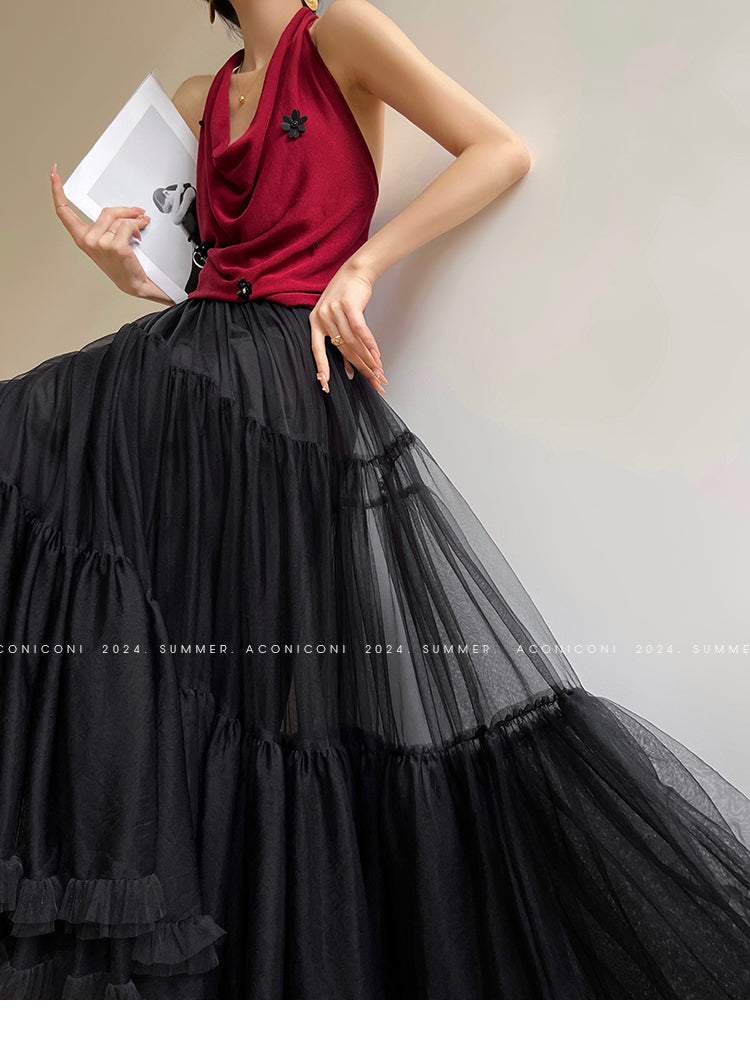 Aconiconi Elegant High Waist Ruffle Mesh Princess Long midi layered Skirt- Quiet Shadow Quicksand