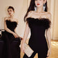 DOLLY High End Black Sleeveless Feather Tube Top Long Flared Pant Jumpsuit- Poel