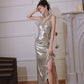 DOLLY Elegant Retro Sliver Gold Deep V-Neck Sleeveless Flower Long Cocktail Dress- Nisa