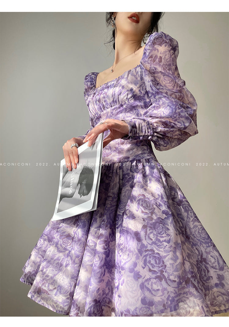 Aconiconi Square Collar Long Sleeve Tea Dress- Amethyst Water