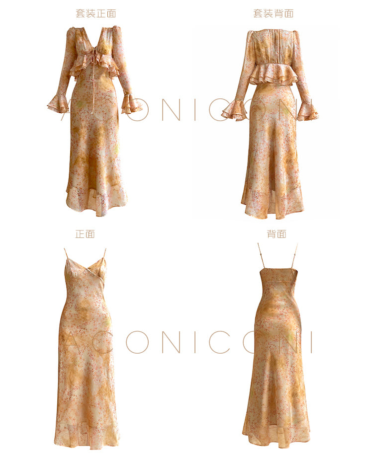 Aconiconi| French elegant print slip dress + top short cardigan-Tsubakino Hanazaki