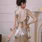 DOLLY Elegant Retro Sliver Gold Deep V-Neck Sleeveless Flower Long Cocktail Dress- Nisa
