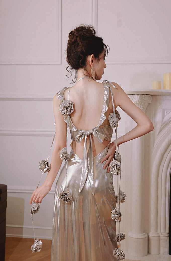 DOLLY Elegant Retro Sliver Gold Deep V-Neck Sleeveless Flower Long Cocktail Dress- Nisa