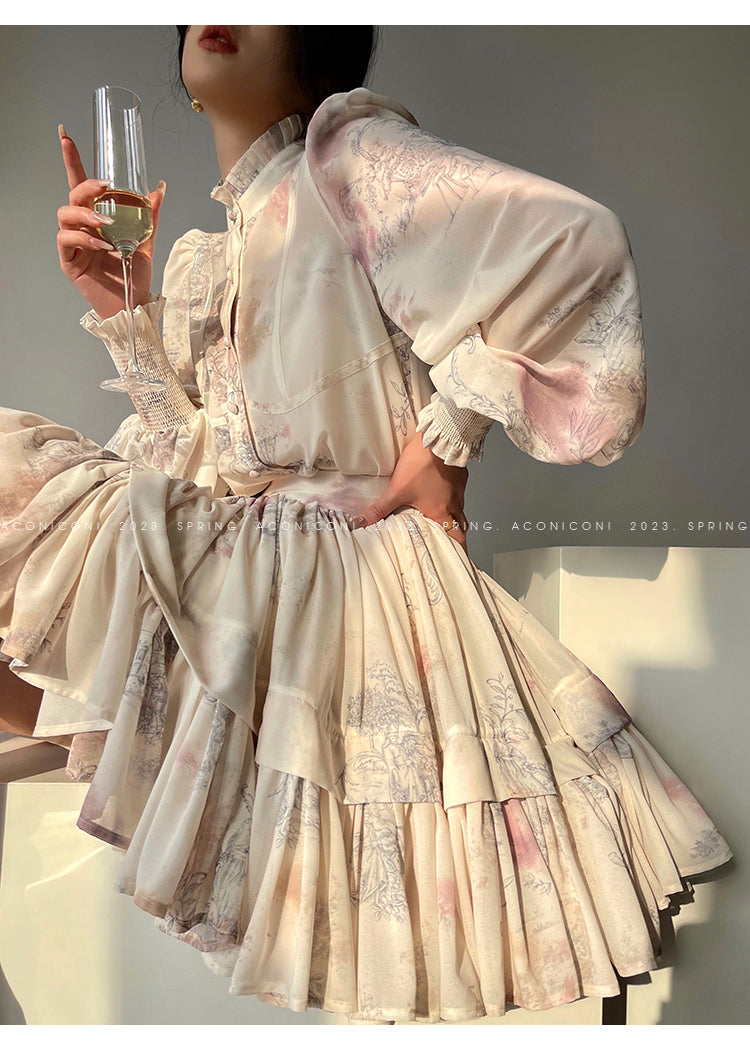 Aconiconi Elegant Stand Collar Long Sleeve Flower Print Tutu Dinner Dress- Konos Love Letter