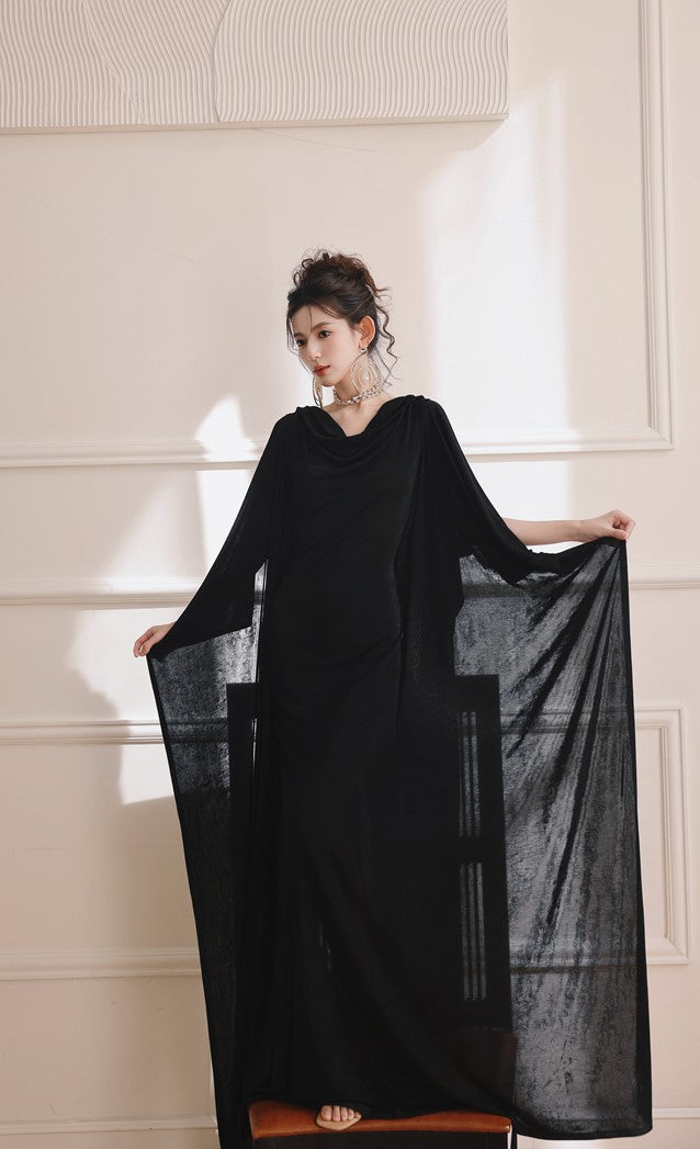 DOLLY Elegant Black Swing Collar Sleeveless Open Back Drape Dress-Kaka (V)
