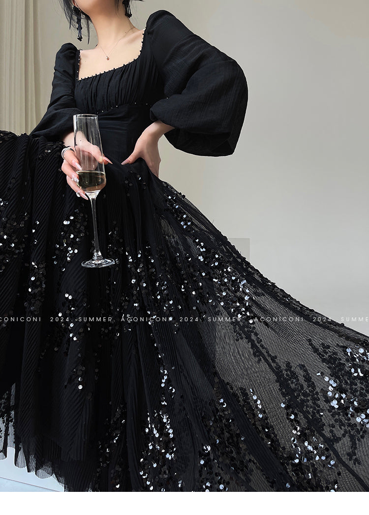 Aconiconi Luxury Black/Beige Long Sleeve Long bridal Sequin Dress- Moonlight Celebrity