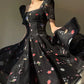 Aconiconi Elegant Black Floal Print Dinner Dress- Huajian Secret Realm