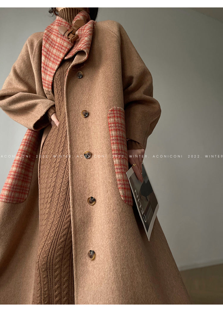 Aconiconi| All-Wool Double-Sided Plaid Checkered Long Coat Winter- Cardamom