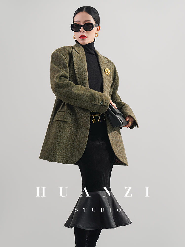 Huanzi high-end retro autumn and winter 100% wool waist suit jacket - Cassie