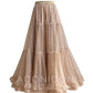 Aconiconi Elegant High Waist Ruffle Mesh Princess Long midi layered Skirt- Quiet Shadow Quicksand