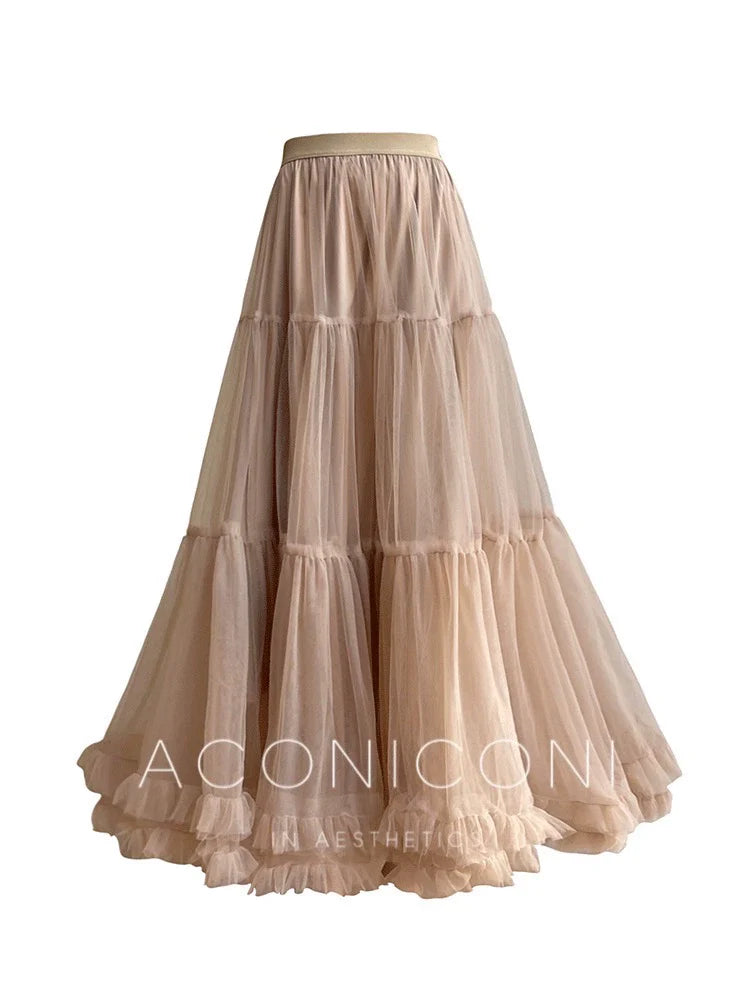 Aconiconi Elegant High Waist Ruffle Mesh Princess Long midi layered Skirt- Quiet Shadow Quicksand