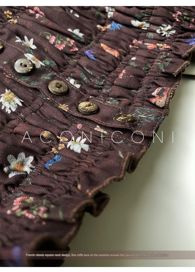 Aconiconi Autumn Floral print French A line brown cottage Dress- Samba Moon