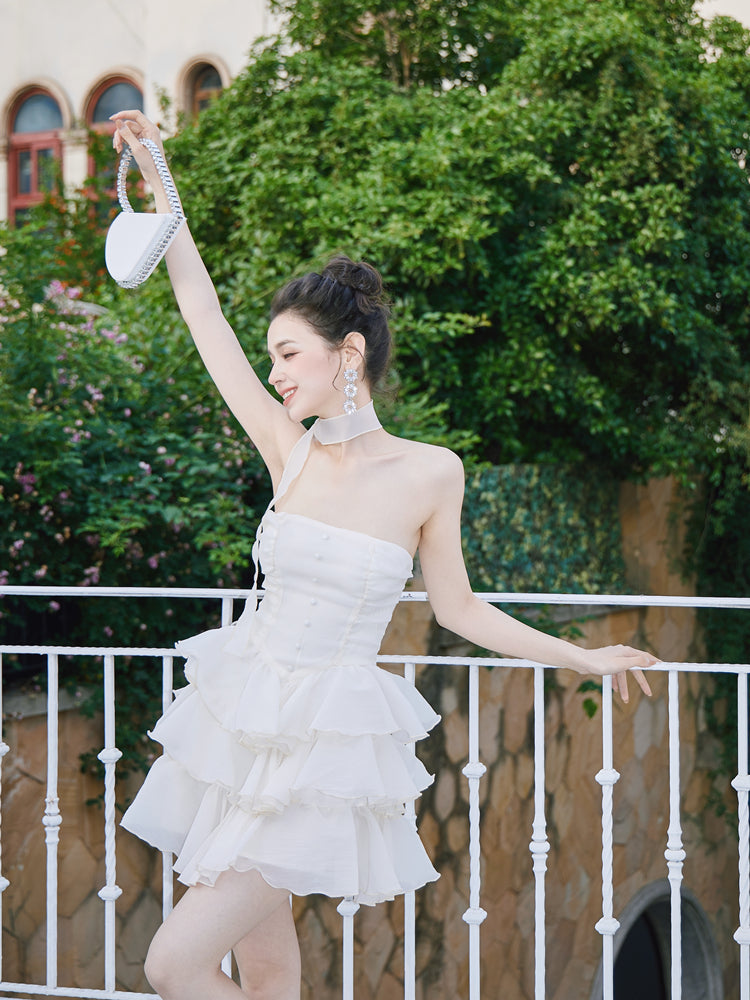 DOLLY Elegant Cream Colored Tube Top Fluffy Ruffle Birthday Dress-ANDORA