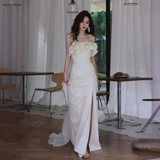 DOLLY Elegant Off White Ruffle Tube Top Long Pleated Wedding Guest Dress-VIVA