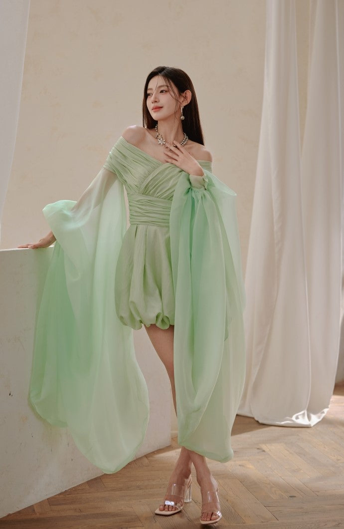 DOLLY High End Green ombre Off Shoulder Puff Sleeves Pleated Tutu Dress- Tulip