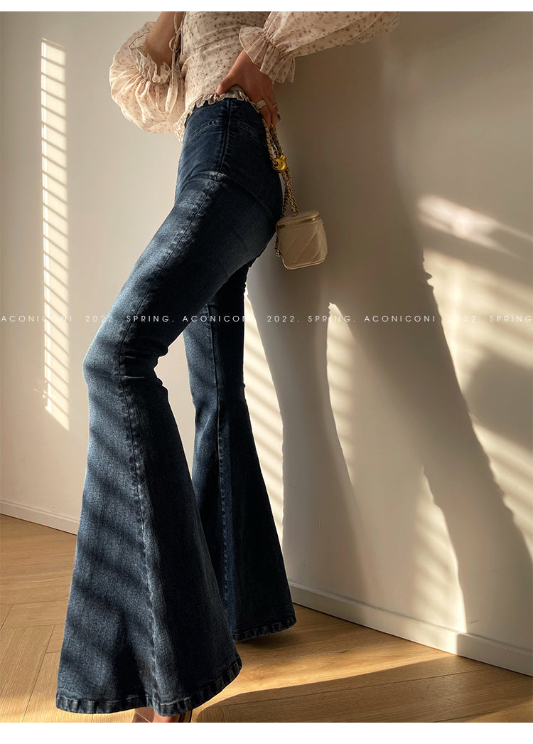 Aconiconi Elegant Jean Retro High Waist Elastic Slim Fit Mermaid Flared Pants- Land Mermaid