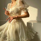 Aconiconi Luxury Off White floral print Puff Sleeve French cottaage bridal Dress- Yurui Chuning