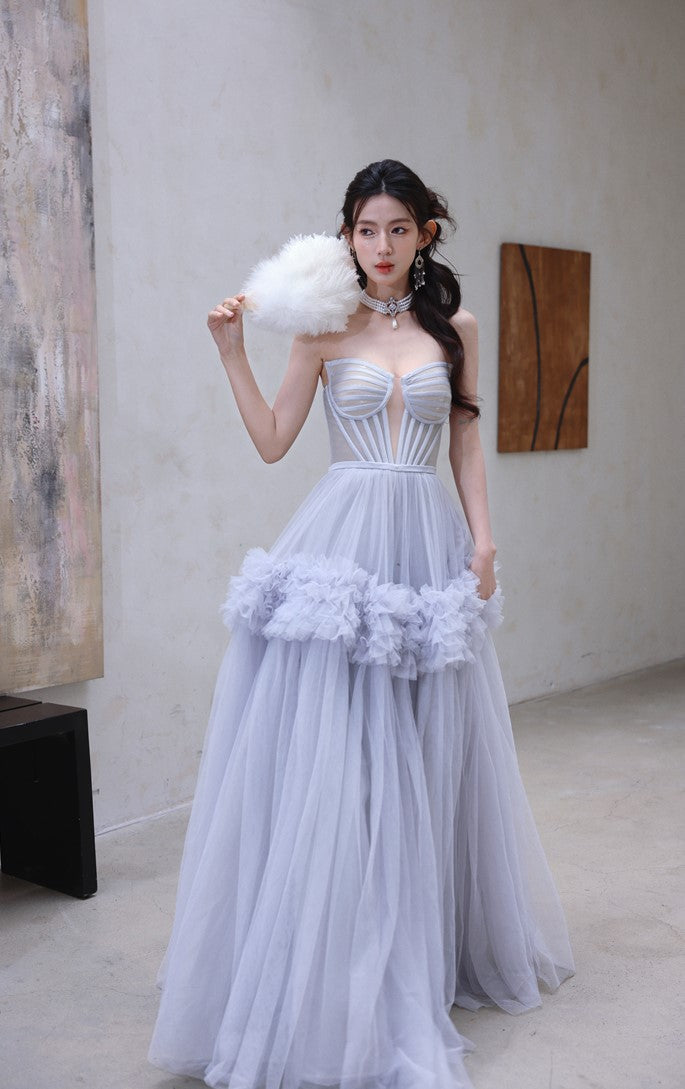 DOLLY Elegant Fog Blue strapless Bandeau High Waist Tutu wedding Dress- vero