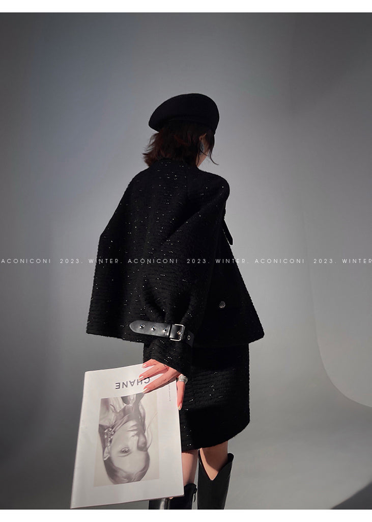 Black night wool two-piece coat jacket skirt - Utopia moonlit