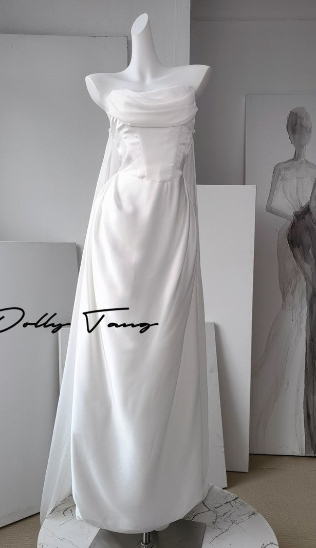 DOLLY Luxury White Bandeau Stain High Waist Long Wedding Dress-Lola